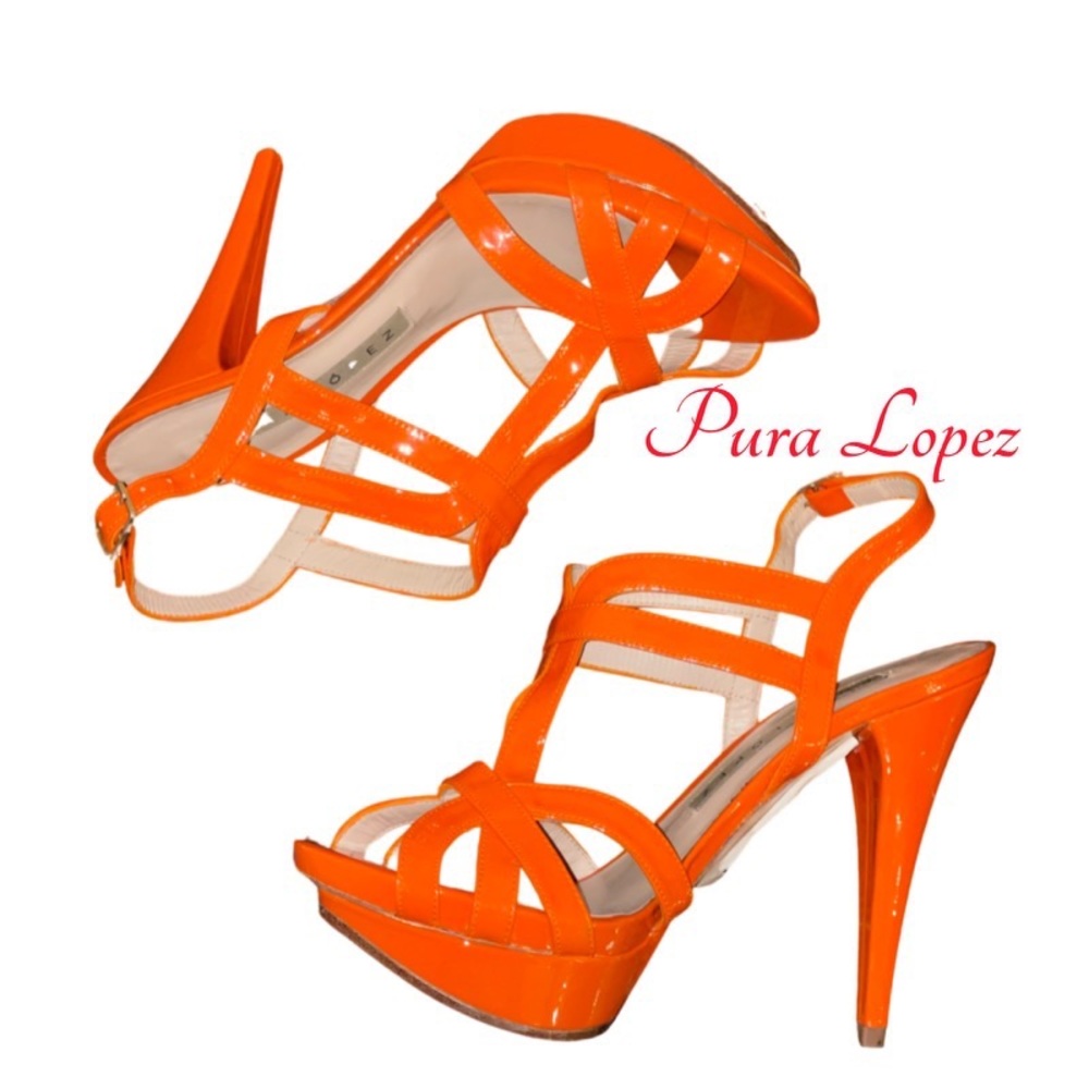 Anthropologie Pura Lopez orange patent leather heels